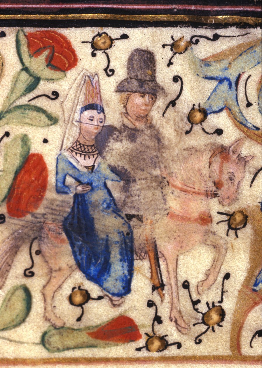 Ritari ja hänen rouvansa: Ranskalainen valaistus 1300-luvulta Petrarchin (Francesco Petrarca) käsikirjoituksesta. Biblioteca comunale di Rimini. tekijältä Unknown artist