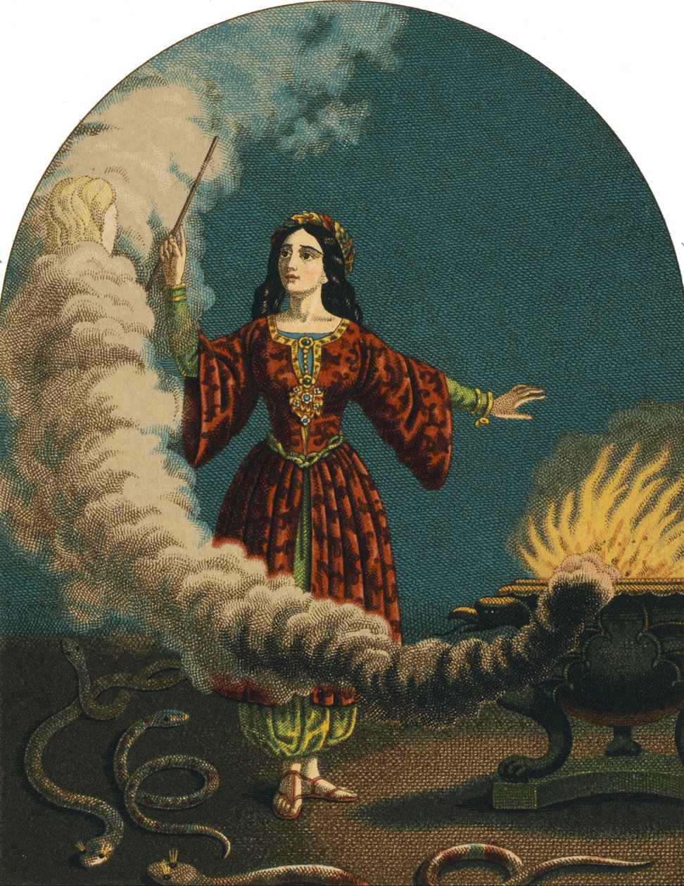 Taikuri (nota) valmistelee lajitteluja taikasauvalla, patalla ja käärmeillä. Kaiverrus vuodelta 1852 tekijältä Unknown artist