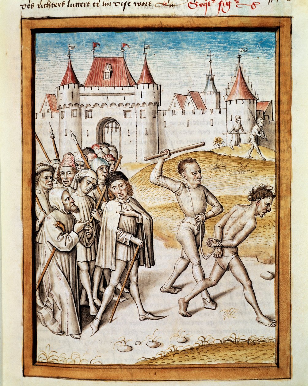 Bidpain tarinoiden "Kalila (Calila) ja Dimna" saksankielisestä käännöksestä mies johdatetaan miniatyyripiinaan. (ms. 1389, fol. 16) noin 1480 Chantilly, museo Conde tekijältä Unknown artist