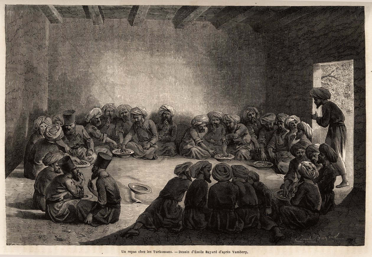 Ateria turkomaanien luona (Irak). Emile Bayardin (1837-1891) piirustus havainnollistamaan matkaa Keski-Aasiaan vuonna 1863, Arminius Vamberyn (unkarilainen tiedemies naamioitunut dervishiin). Kaiverrus kirjassa "" Le tour du monde", toimittanut Edouard Cha tekijältä Unknown artist