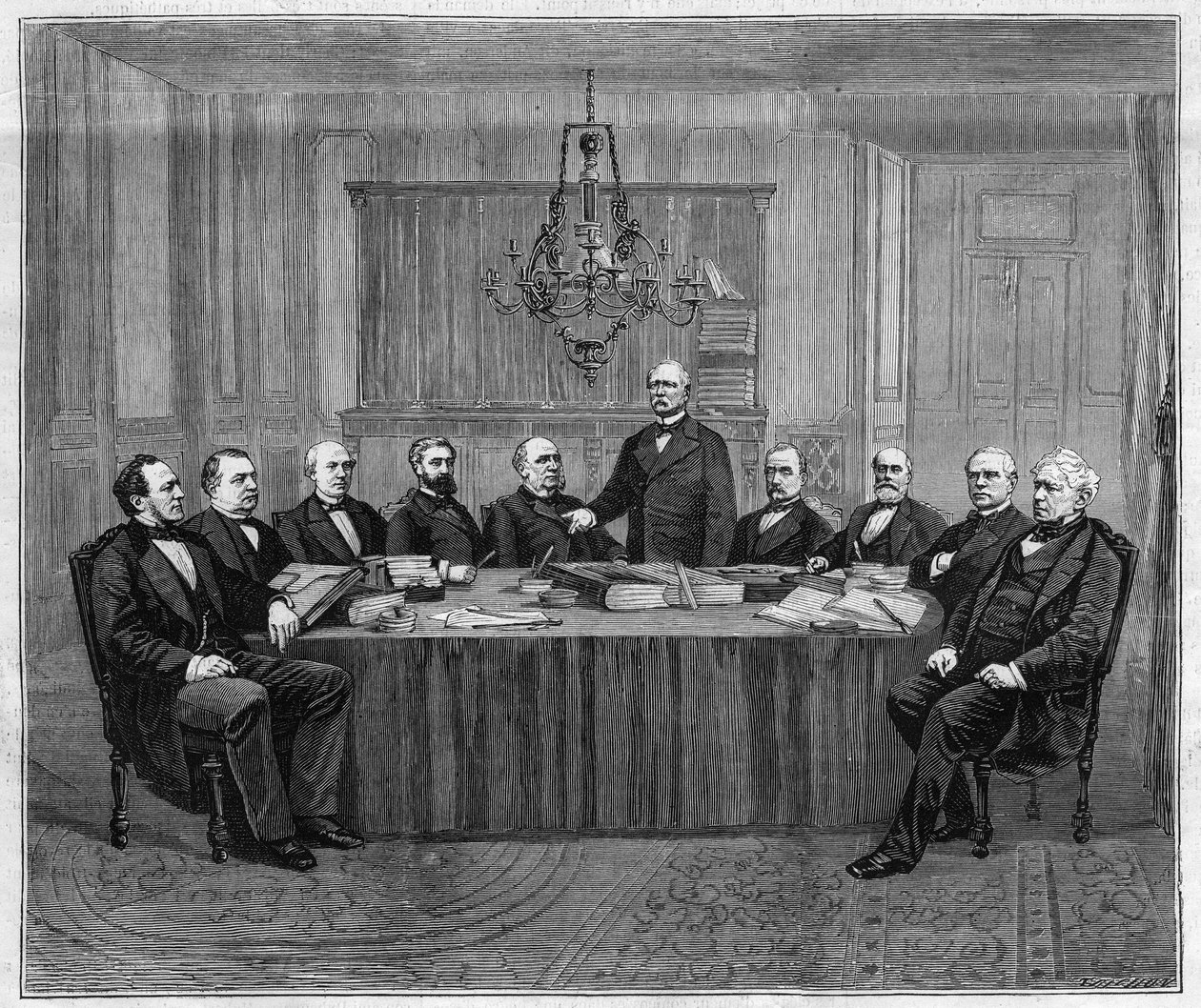 Ministerineuvoston kokous Versaillesissa. Vasemmalta oikealle: Louis Buffet (1818-1898), sisäministeri; Leon Say (1826-1896), valtiovarainministeri; Henri Wallon (1812-1904), yleisen opetuksen, jumalanpalveluksen ja kuvataiteen ministeri; Alfred tekijältä Unknown artist