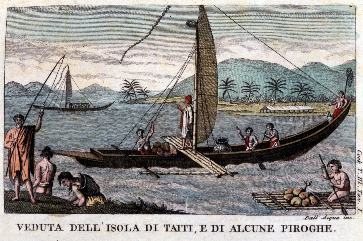 Polynesialainen swing-kanootti Tahitilla. Laivalla kuorma kookos- ja leipäpuun hedelmiä. 1800-luvun litografia tekijältä Unknown artist