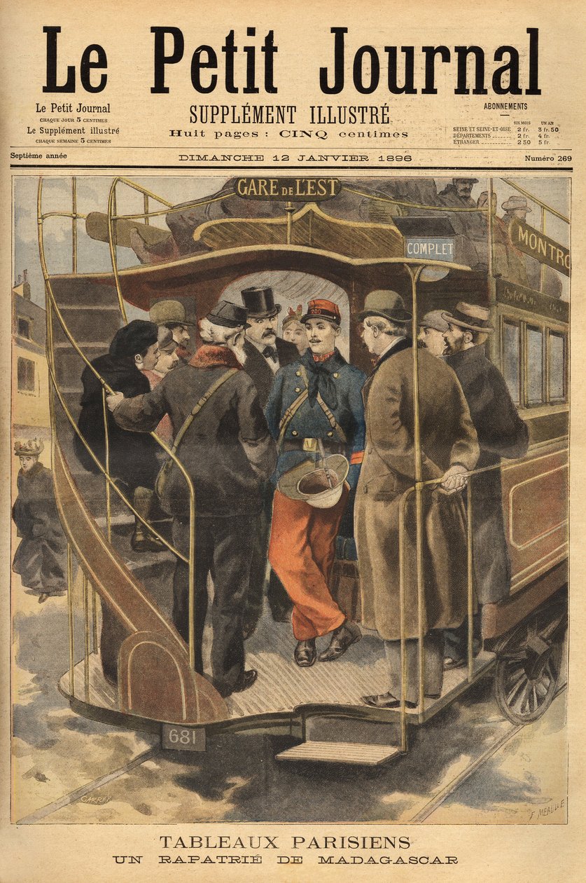 Palautettu Madagaskarilta omnibus-laiturilla, ihailtavan väkijoukon ympäröimänä. Kaiverrus "" Le petit Journal" -lehdessä 26/01/1896. Selvan kokoelma. tekijältä Unknown artist