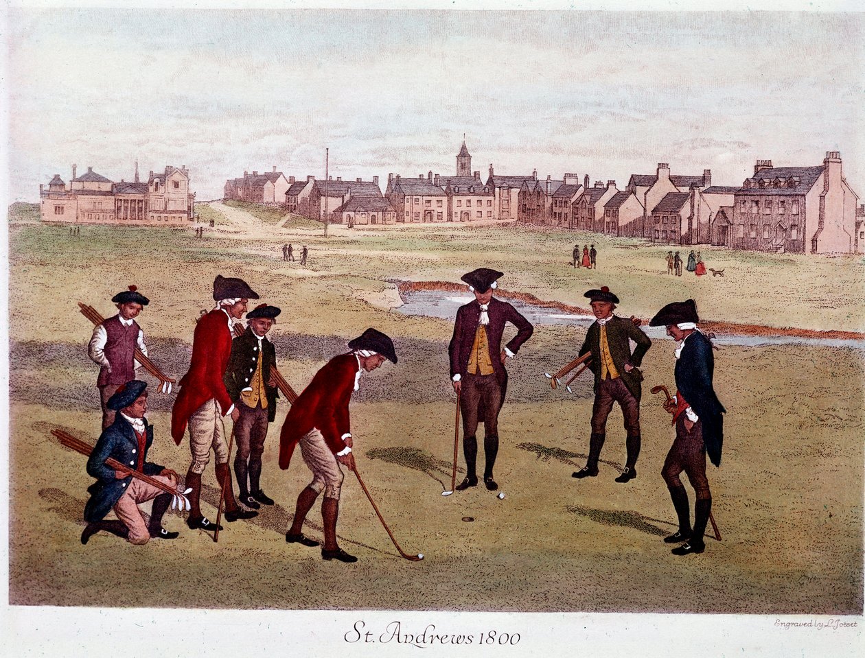 Golfkierros brittiläisten herrasmiesten kanssa St. Andrewsissa Skotlannissa vuonna 1800, missä peli luotiin. 1800-luvun Pariisin litografia, koristetaide tekijältä Unknown artist