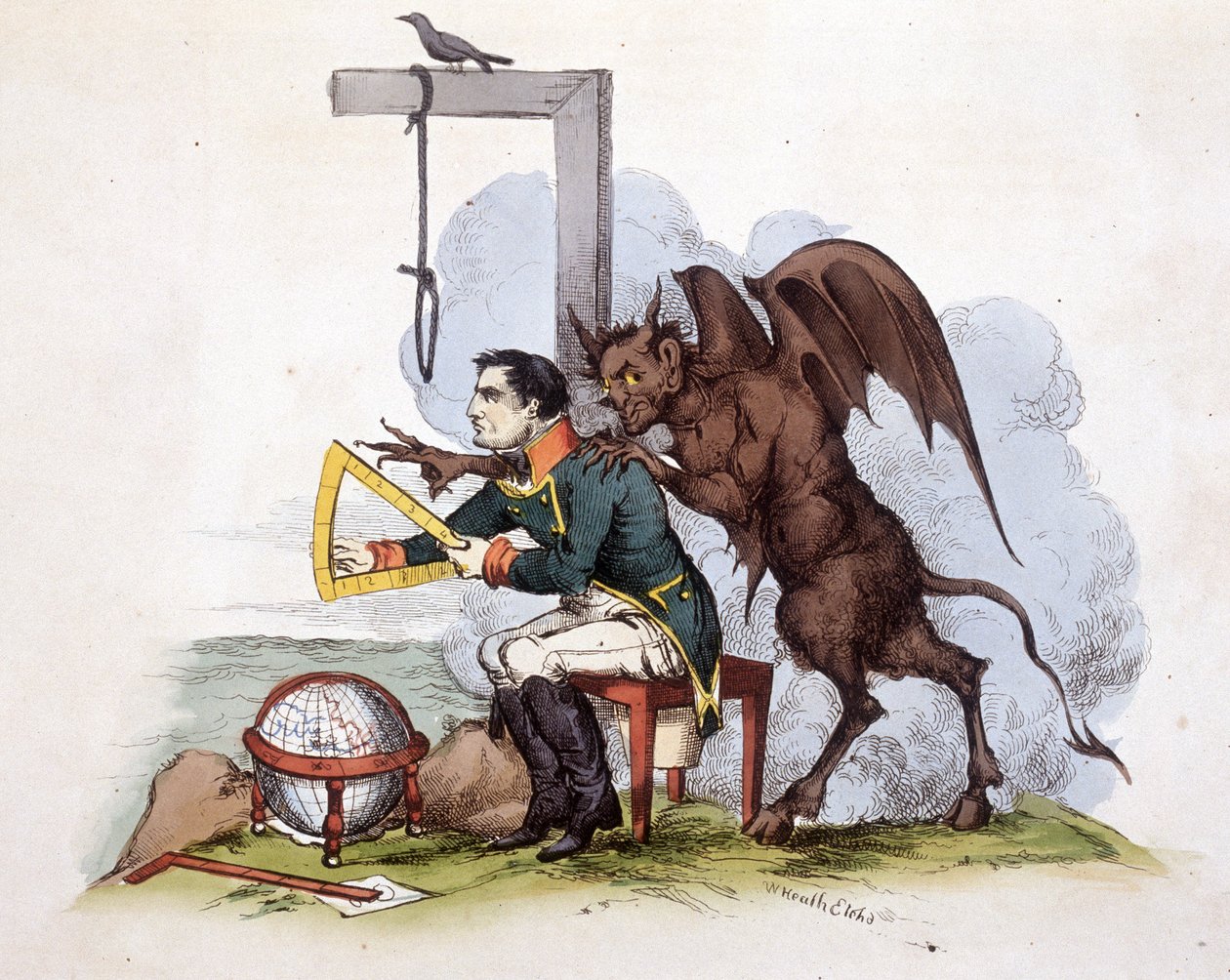 Kohtaus Elban saarella: Napoleon hirsipuun edessä paholaisen kanssa - elokuvassa "" Napoleon 1st, karikatyyrit, nukkekokoelma", n. 1814 tekijältä Unknown artist