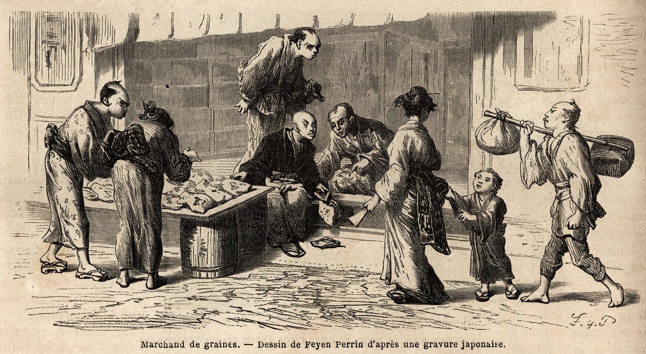 Siemenkauppias keskellä katua. Kaiverrus havainnollistamaan matkaa Japaniin vuosina 1863-1864, Sveitsin valaliiton ministeri Aime Humbert Edouard Chartonin johdolla julkaistussa "Le tour du monde, nouveau journal des voyages" -julkaisussa. tekijältä Unknown artist