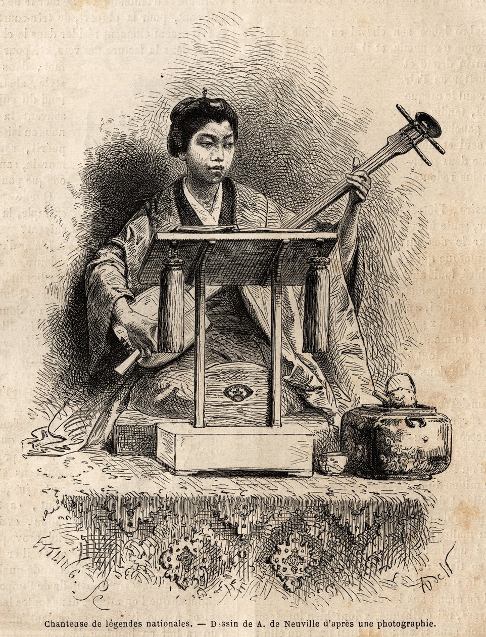Kansallisten legendojen laulaja, joka soittaa shamisenia laulunsa säestyksellä, istuu pöytänsä takana. Sveitsin valaliiton ministerin Aime Humbertin kaiverrus kuvaamaan Japanin-matkaa vuosina 1863-1864 teoksessa "Le tour du monde, nouveau journal des voyag tekijältä Unknown artist