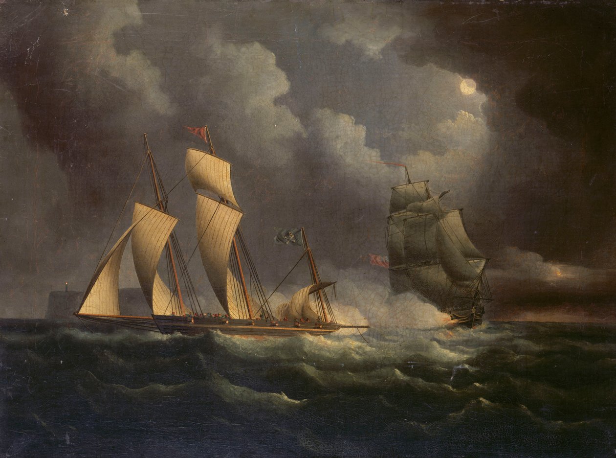 Laivaston priki jahtaa salakuljetuslaivaa, noin 1825 (öljy kankaalle). tekijältä Unknown artist