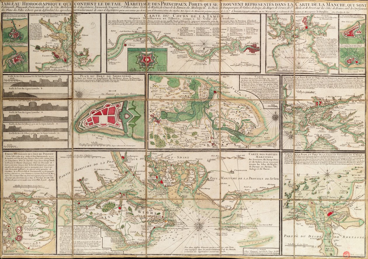 Taulukko, joka sisältää tiedot tärkeimmistä merisatamista, jotka on esitetty Englannin kanaalin kartassa, noin 1780 (paperi, pellava). tekijältä Unknown artist