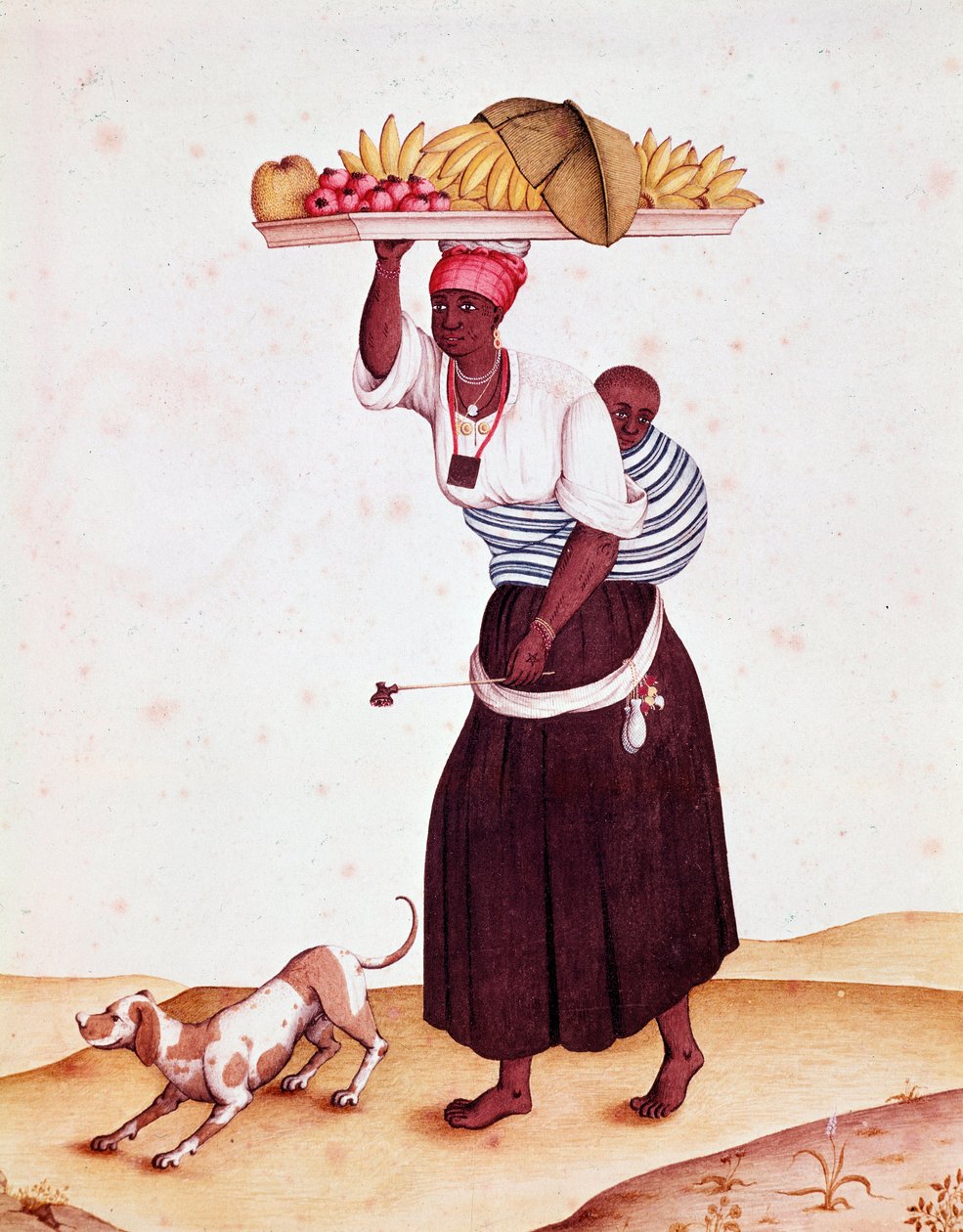 Bresilianissa matkustava hedelmäkauppias kantaa lastaan selkänsä takana. Akvarelli 1700-luvulta. Rio de Janeiro, Kansalliskirjasto tekijältä Unknown artist