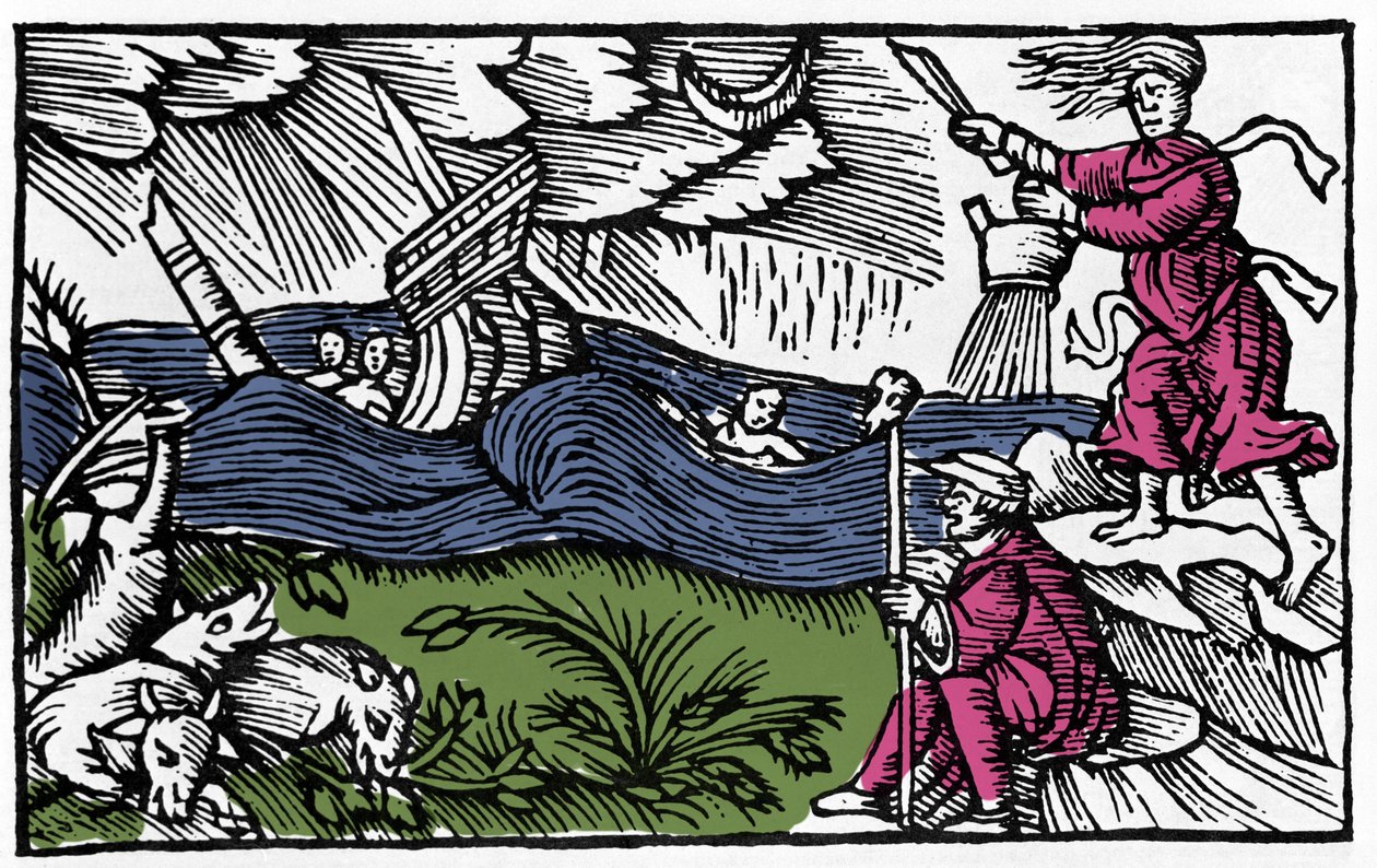 Noita aiheuttaa myrskyn Olaus Magnuksen "Historia de gentis septentrionalibus" jälkeen, Rooma 1555 tekijältä Unknown artist