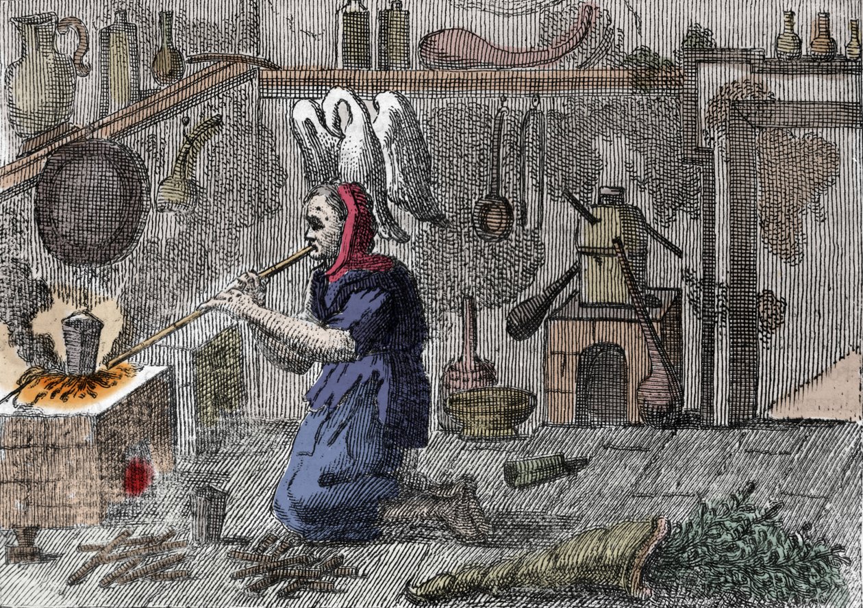 Noita laboratoriossaan valmistamassa taikajuomaa, aivan sarvia täynnä taikayrttejä. Kaiverrus 1500-luvulta tekijältä Unknown artist