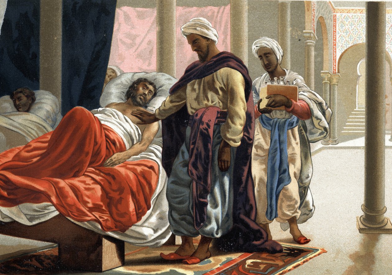 Abulcasis (Abul Qasim ibn Khalaf al-Abbas al-Zahrawi (936 - 1013 jKr) hoitamassa sairasta henkilöä Espanjassa noin vuonna 1000. Louis Figuierin "Science and its Men" mukaan. Barcelona 1881 tekijältä Unknown artist