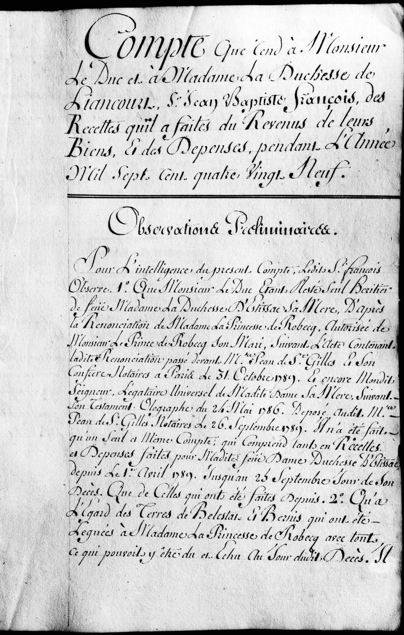 Rochefoucauld Liancourtin herttuan omaisuuden tilikirja vuodelta 1789. tekijältä Unknown artist