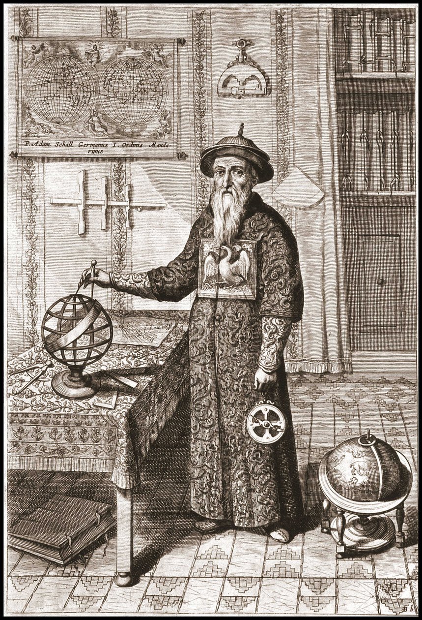 Adam Schall, tähtitieteilijä (1592-1666) mandariinipuvussa, maapallon ja taivaan maapallon ja astrolabeen kanssa - Athanase Kircherin (tai Athanasius Kircherin) "Kiinassa" tekijältä Unknown artist