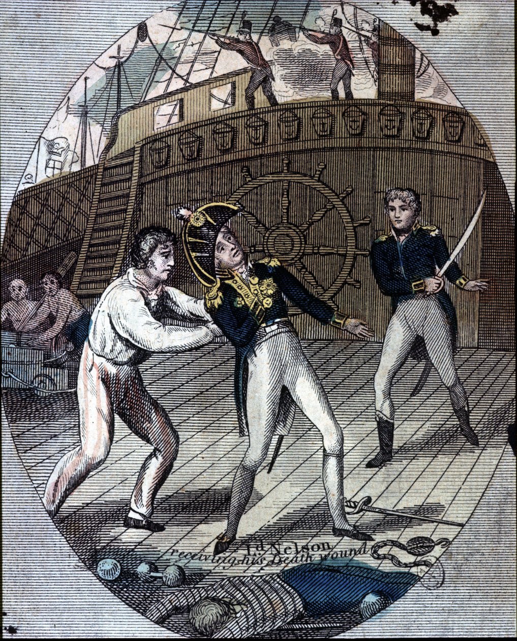 Amiraali Nelsonin kuolema Trafalgarin taistelussa aluksellaan "Victory" (21. lokakuuta tekijältä Unknown artist