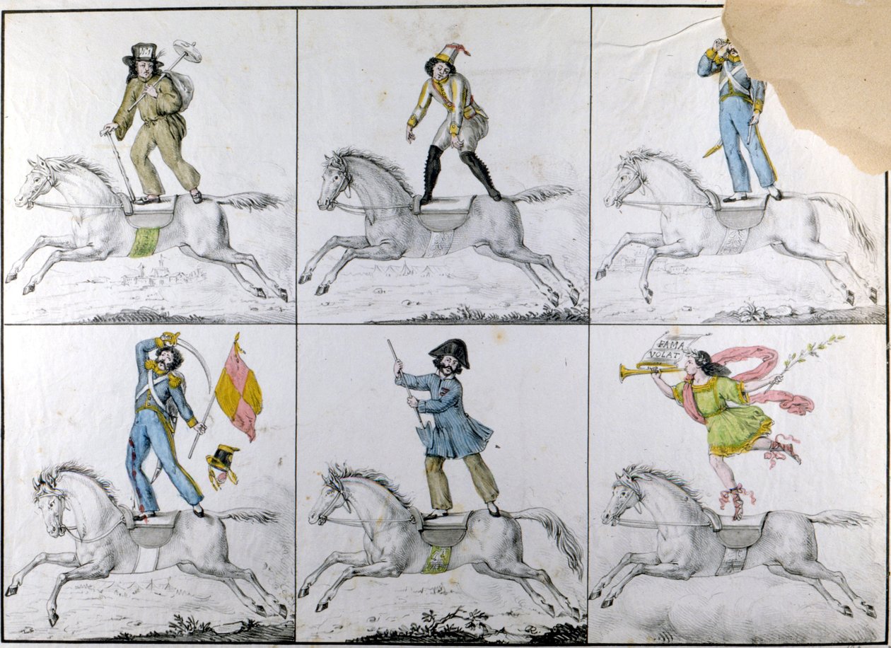 Taitolento: Akrobaattiset harjoitukset hevosen selässä. Kaiverrus tekijältä Unknown artist