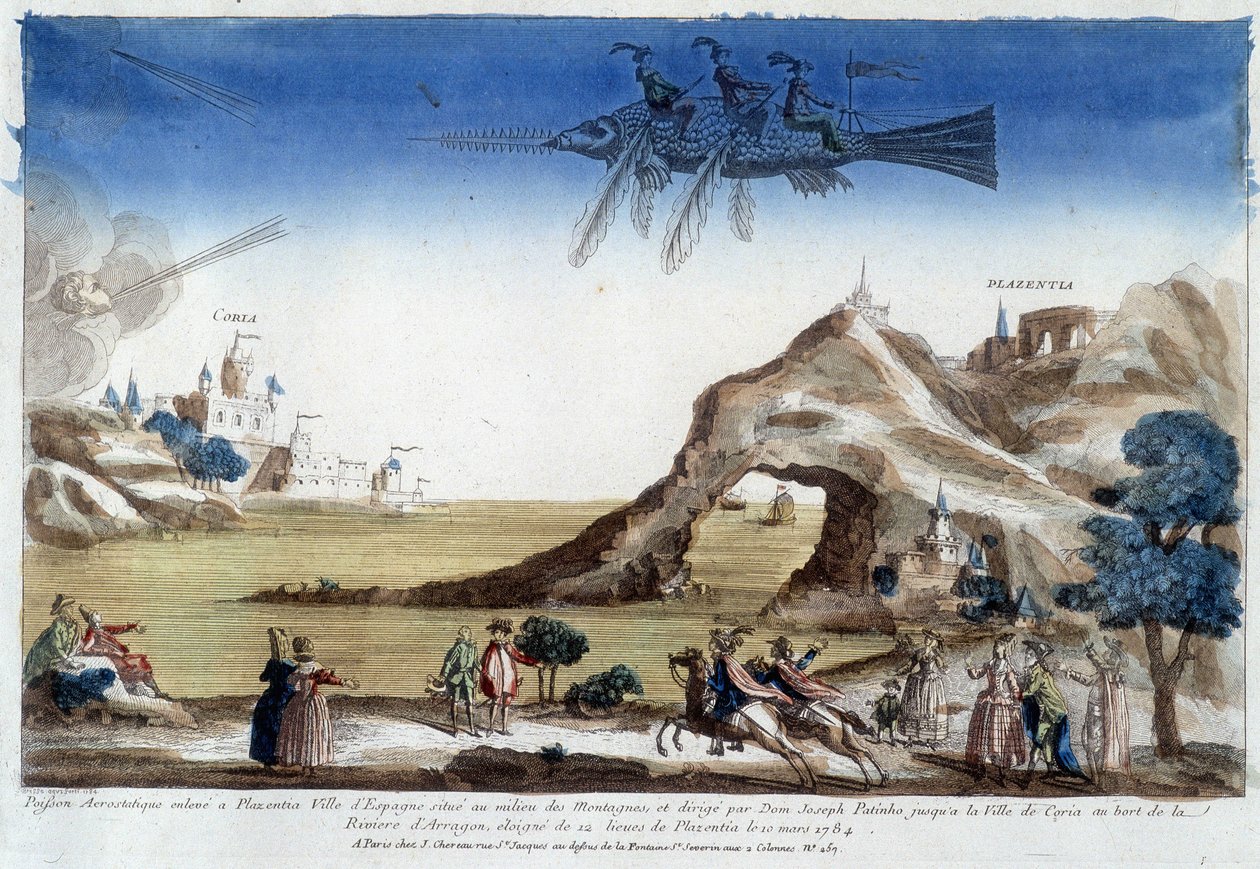 Espanjan Plazentiassa kasvatettu aerostaattinen kala, ohjaaja Dom Joseph Patinho, lentää Corian kaupunkiin Arragon-joen rannalla (12 liigaa Plazentiasta) 10. maaliskuuta tekijältä Unknown artist