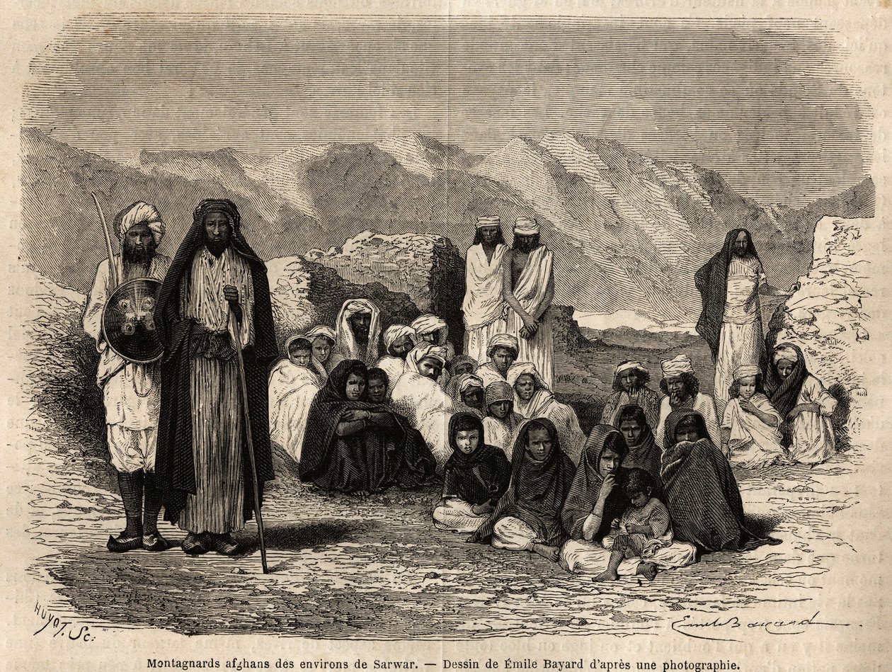 Afganistanin montagnardit lähellä Sarwaria. Kaiverrus havainnollistamaan matkaa Panjabiin ja Kashmiriin, Guillaume Lejeanin tarina vuonna 1866, julkaistu "Le tour du monde, nouveau journal des voyages" -lehdessä Edouard Chartonin johdolla. tekijältä Unknown artist