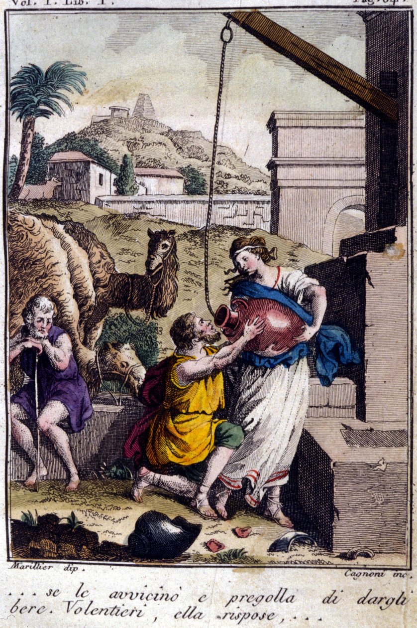 Agar kaivolle: lähestyn häntä ja pyydän häntä antamaan juotavaa. Hän vastaa... Kaiverrus 1800-luvun alusta. tekijältä Unknown artist