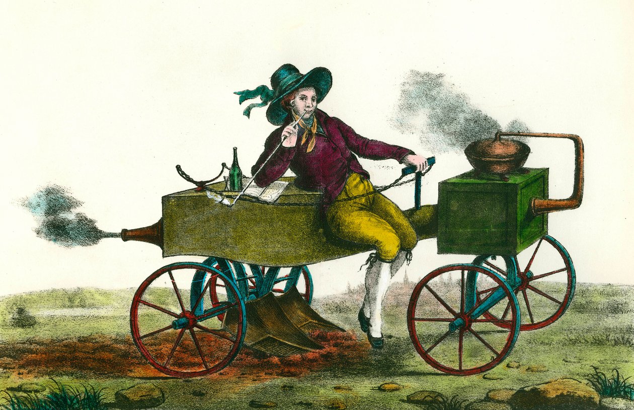 Maatalous: kyntökohtaus höyrykoneella 1834. Nimetön kaiverrus vuodelta 1834. Yksityinen kokoelma tekijältä Unknown artist