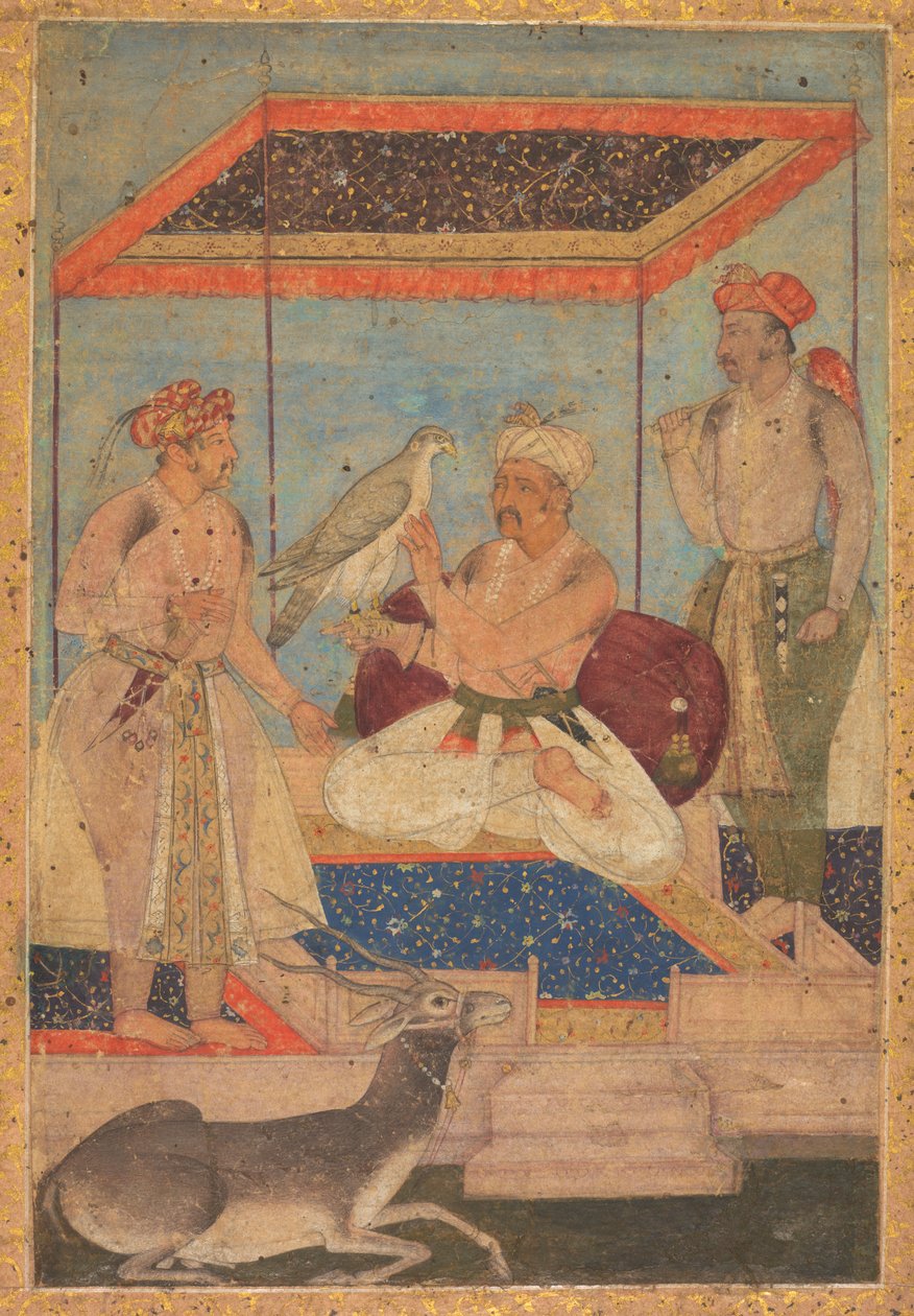 Akbar ja Jahangir tutkivat Ghir Falconia prinssi Khusraun seisoessa takana tekijältä Unknown artist