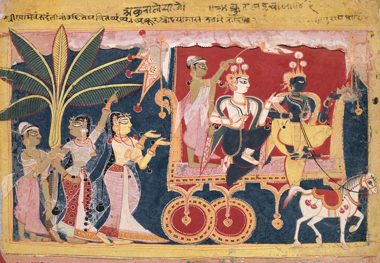 Akrura ajaa Krishnan ja Balaraman Mathuraan (Isarda Bhagavata Purana) tekijältä Unknown artist