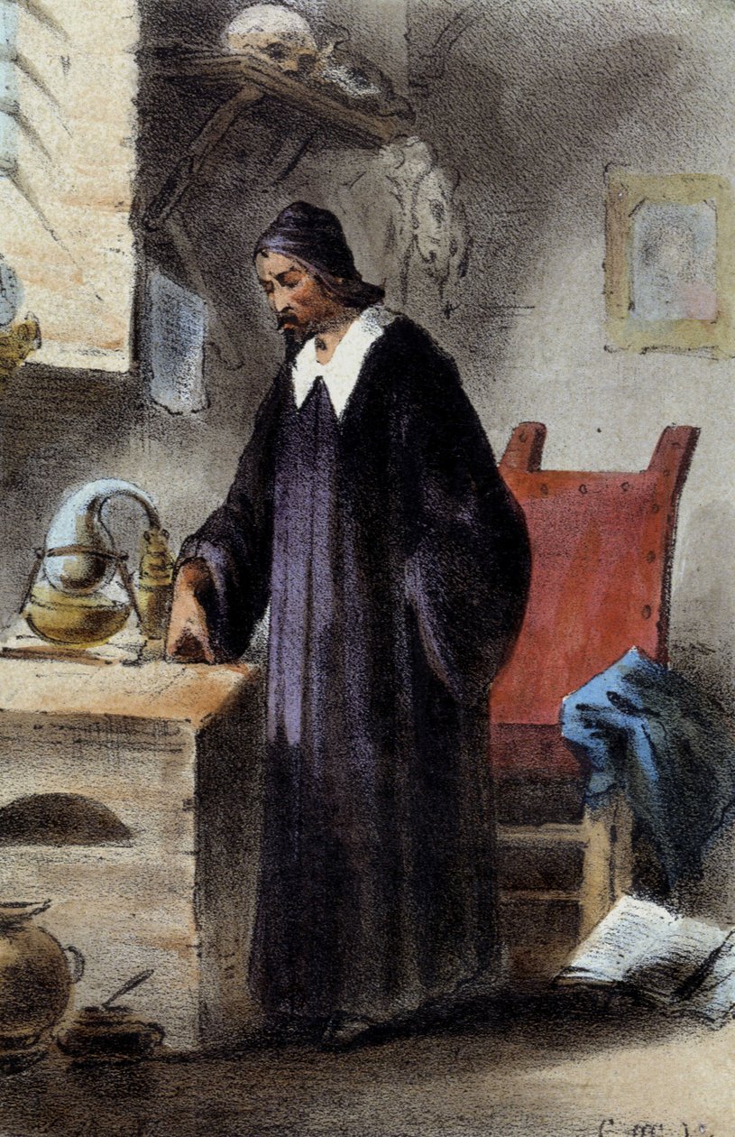 Alkemisti Nicola Barnaud, filosofisen kiven tutkija. tekijältä Unknown artist