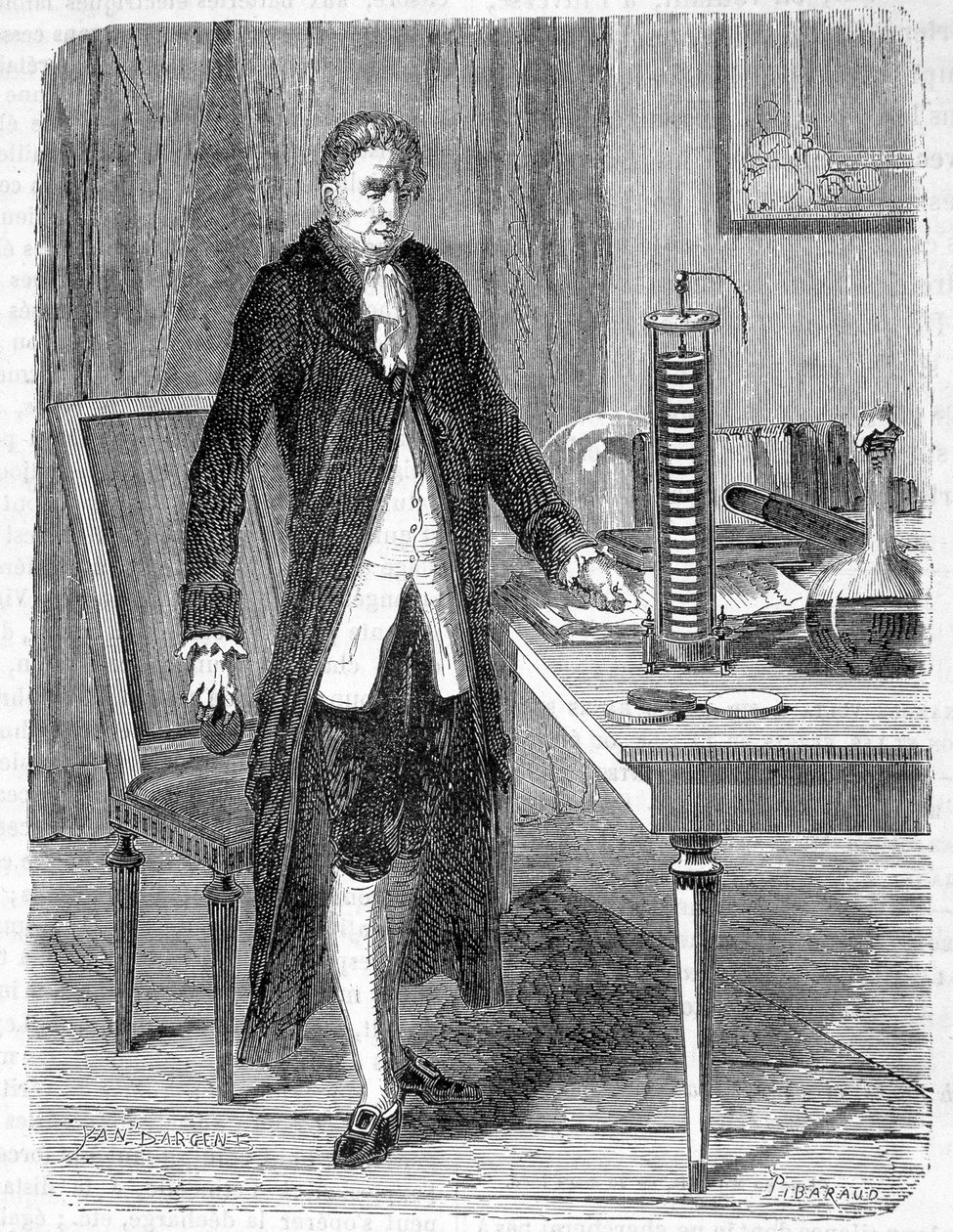 Alessandro (Alexandre) Volta rakensi vuonna 1799 sähkömoottorin tai sähköakun - kaiverrus tekijältä Unknown artist