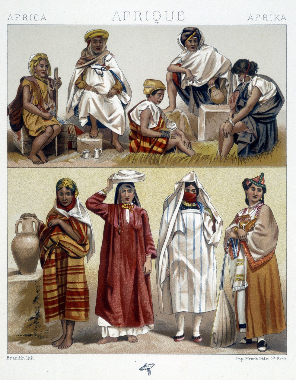 Algeria ja Tunisia, suosittuja pukuja - Racinetin teoksessa "Le costume historique". tekijältä Unknown artist