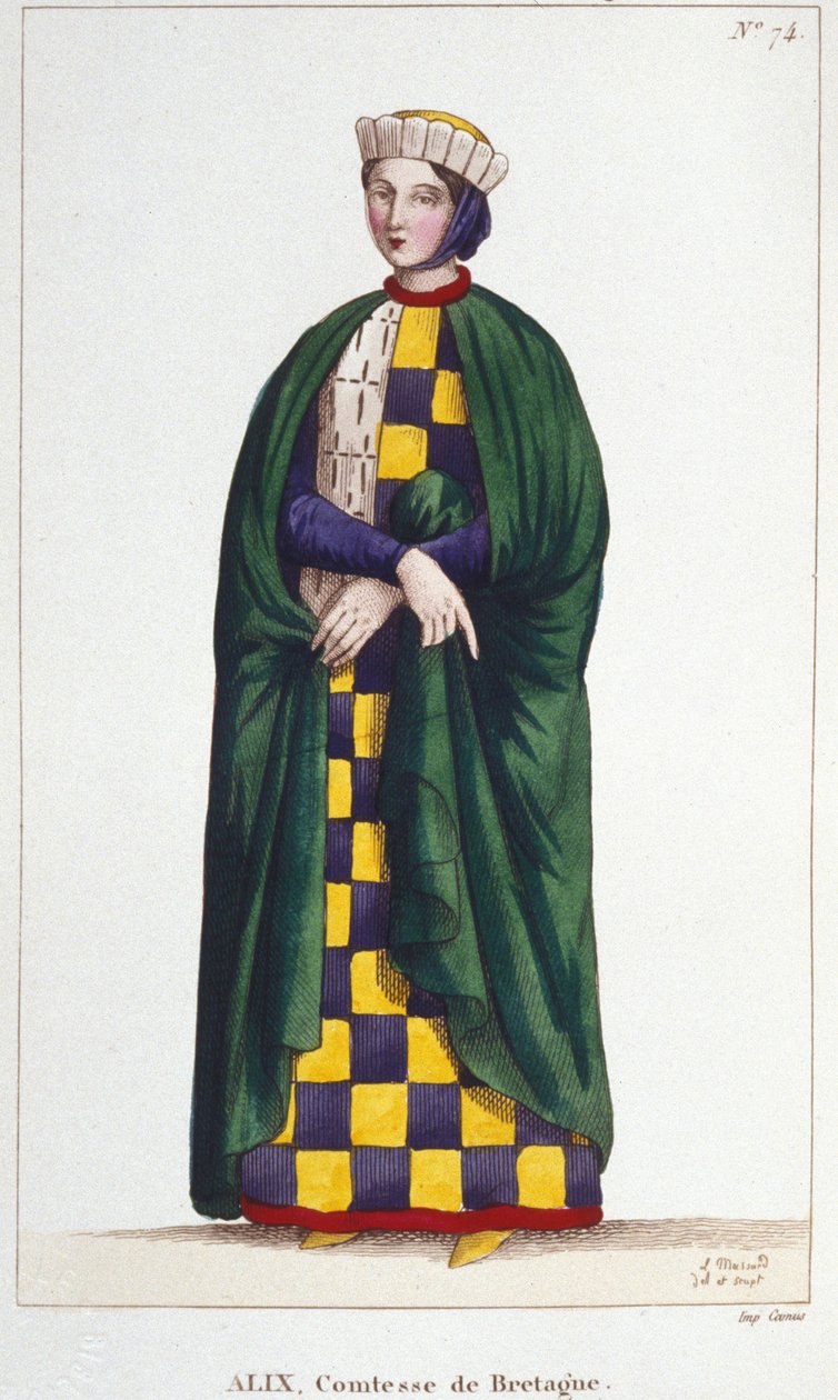 Alix de Thouars (1201-1221), Bretagnen kreivitär, Bretagnen herttuan Guy de Thouarsin tytär. Kaiverrus vuodelta 1830. tekijältä Unknown artist