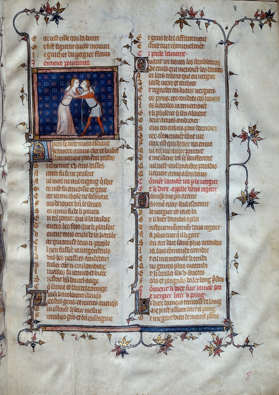 Nuorten miniatyyri allegooria Jean de Meunin, Jean de Meungin tai Jean Chopinelin, Jean Clopinelin (n. 1240-1305), noin 1370 Pariisissa, Bibliotheque Sainte Genevieve tekijältä Unknown artist