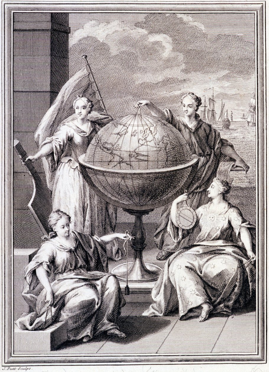 Maailmantutkimuksen allegoria - "Espanjan kuninkaan ritarikunnan tekemä Etelä-Amerikan historiallinen matka", Don Georges Juan ja Don Antoine de Ulloa, Librairie du Roi, Paris tekijältä Unknown artist