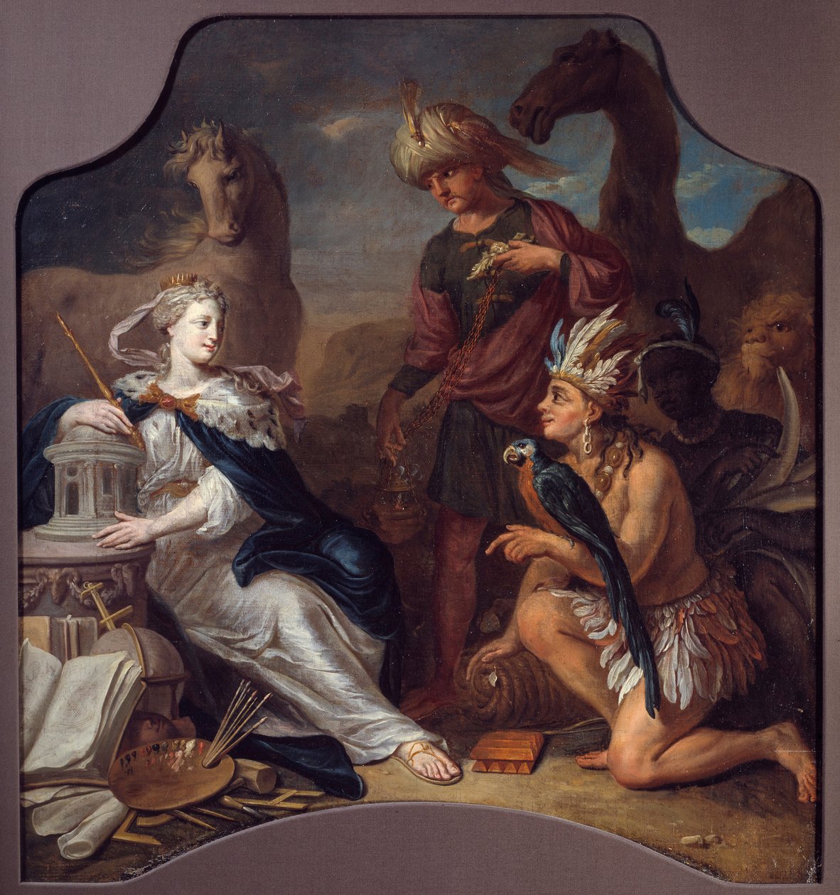 Neljän mantereen allegoria Vasemmalla Eurooppa, joka havaitsee perinnön, kulttuurin ja taiteen, kohtaa Amerikan, Aasian ja Afrikan (varjoissa) kunnioittaen sitä. Anonyymin koulun maalaus. 1700-luvulla. La Rochelle, Uuden maailman museo tekijältä Unknown artist