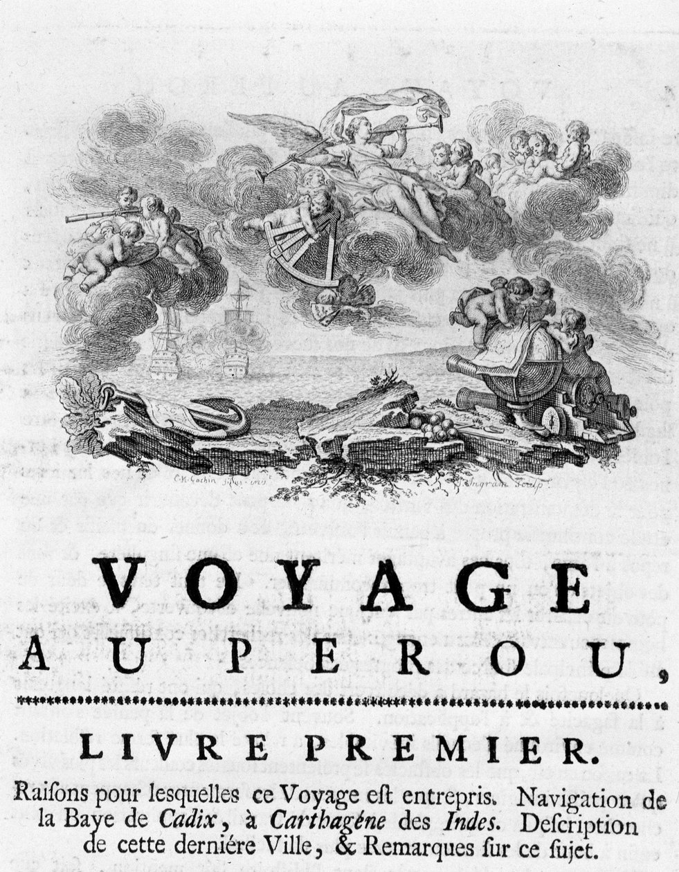Allegoria "" Matkasta Peruun"". Kuvitus "" Historical Journey of America Meridionale, jonka teki Espanjan kuninkaan ritarikunta", Don Georges Juan ja Don Antoine de Ulloa, Librairie du Roi, Paris tekijältä Unknown artist