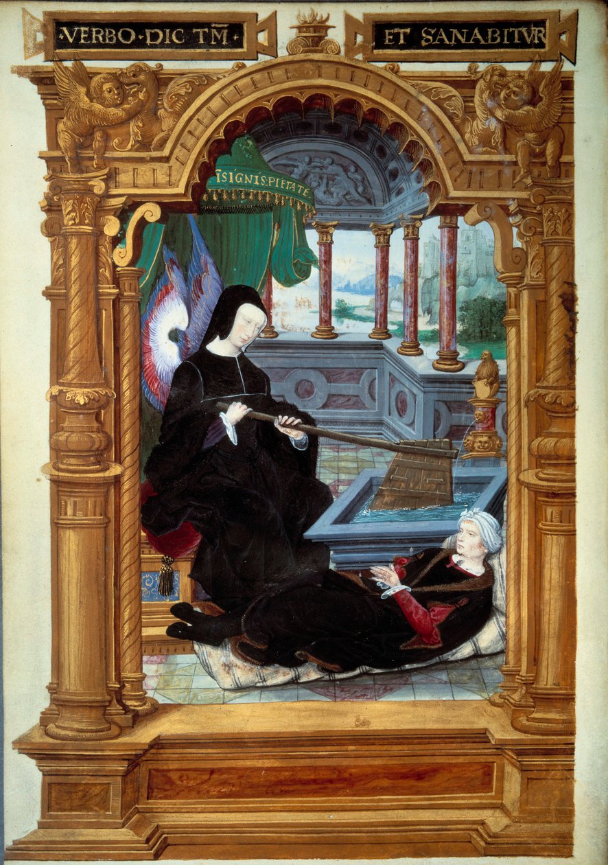 Allegoria Louise de Savoien (1476-1531), Francois I:n äidin regenssistä, edusti peräsintä ja enkelin siipiä. Käsikirjoituksen kirjoittaja makaa hänen jalkojensa juuressa. Miniatyyri otettu Etienne Le Bl:n teoksesta Geste de Blanche de Castille tekijältä Unknown artist