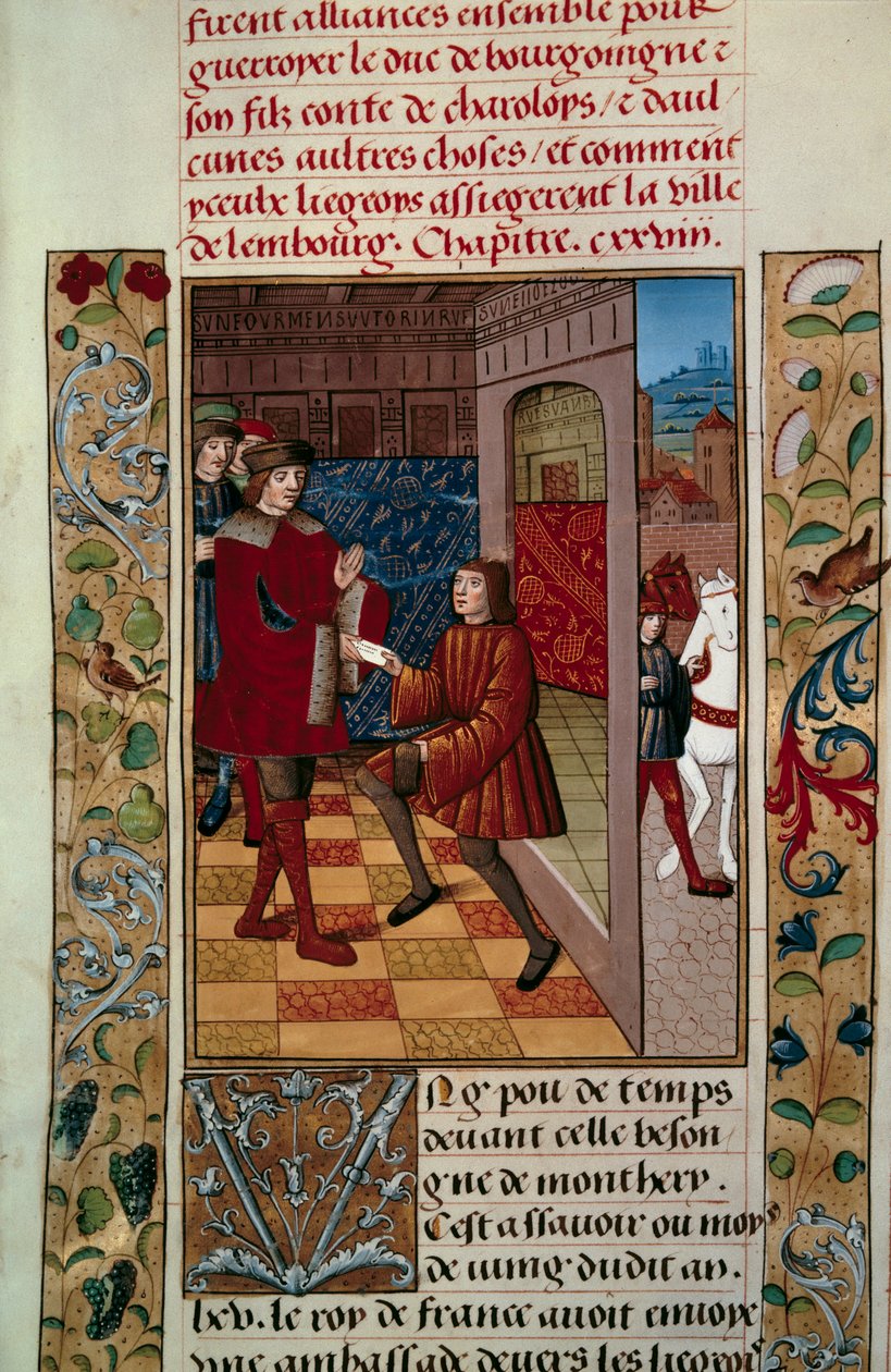 Ludvig XI:n (1423-1483) liitto liegeolaisten kanssa Charles Temerairen pienoismallia vastaan Chronicles d