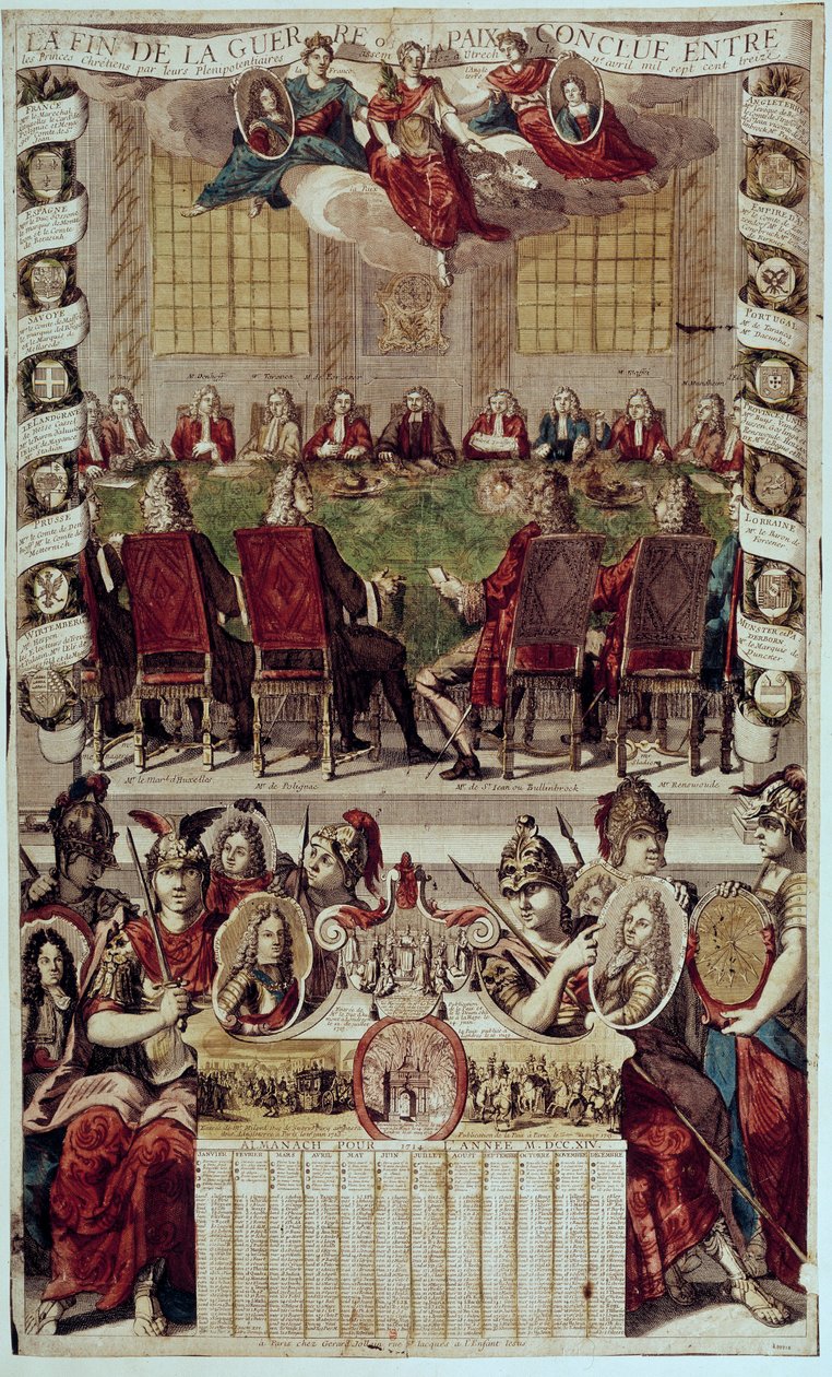 Almanach: edustus Utrechtin sopimuksesta, joka päätti Espanjan perintösodan, joka allekirjoitettiin Ranskassa (Polignacin kardinaali) ja Englannissa 11. huhtikuuta 1713. 1714. Paris, B.N. tekijältä Unknown artist