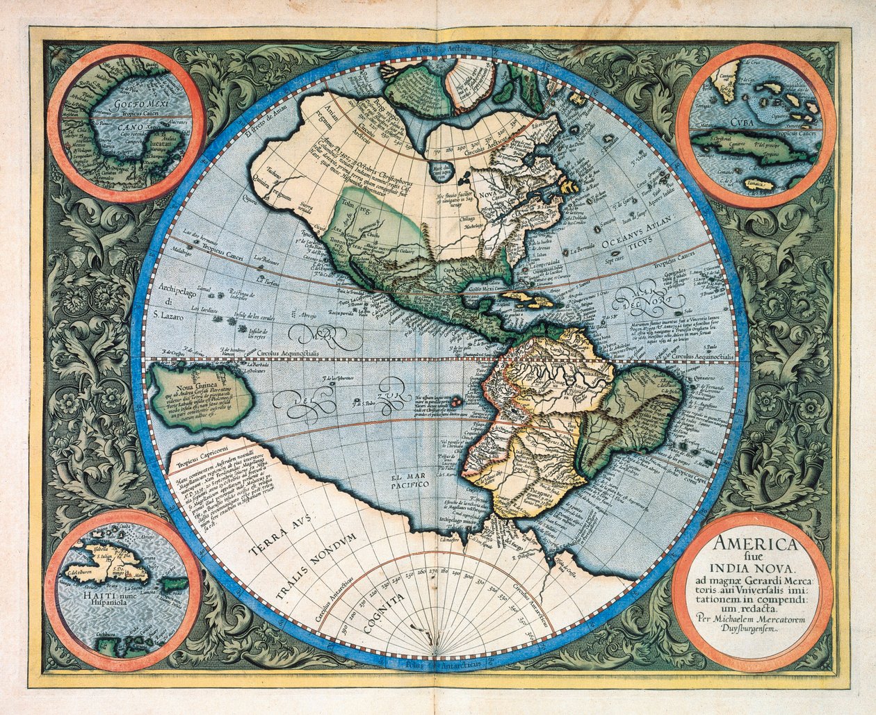 Amerikka tai Uusi Intia, Gerhard Kremer Mercatorin teoksesta "Atlas tai kosmografiset meditaatiot maailman kankaasta ja kankaan muodosta" tekijältä Unknown artist