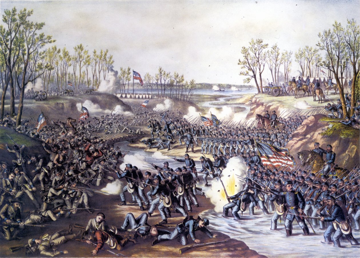 Amerikan sisällissota (1861 - 1865): Shilohin taistelu tai Pittsburg Landing (Tennessee) 6. - 7. huhtikuuta 1862. Kaiverrus 1800-luvulta. tekijältä Unknown artist