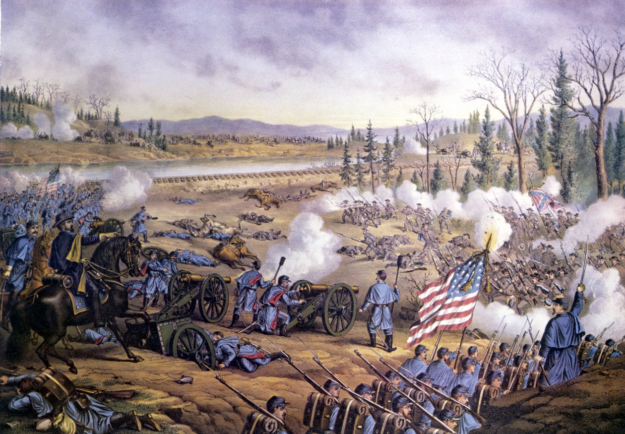 Amerikan sisällissota (1861 - 1865): Stones Riverin taistelu tai Murfreesboron toinen taistelu, Tennessee 31. joulukuuta 1862 - 2. tammikuuta 1863. Kaiverrus 1800-luvulta. tekijältä Unknown artist