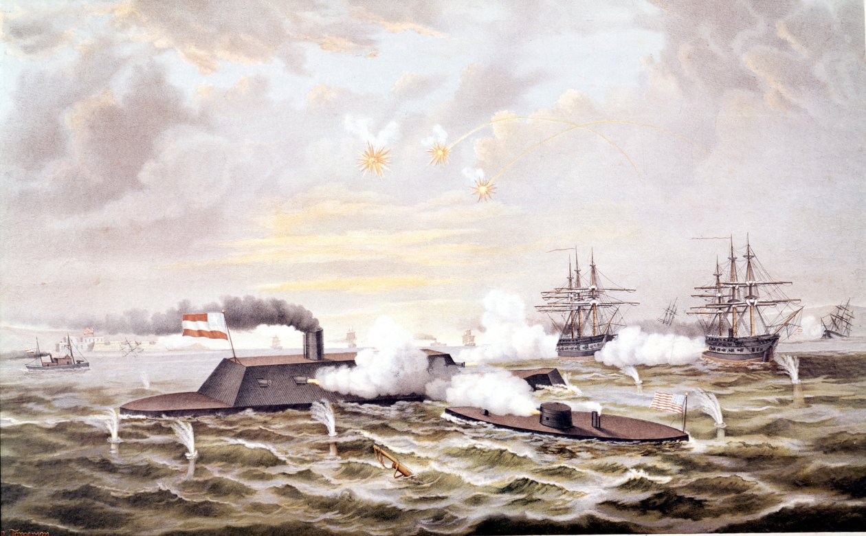 Amerikan sisällissota (1861 - 1865): Hampton Roadsin meritaistelu (Virginia) 8.-09. maaliskuuta tekijältä Unknown artist