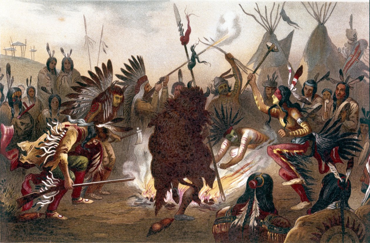 Amerikan intiaanirituaali (Etelä-Dakotan tasangon intiaanit): Sioux-sotatanssi. kromolitografia Ratzelin kirjasta "" Ihmiskunta", noin 1890 tekijältä Unknown artist