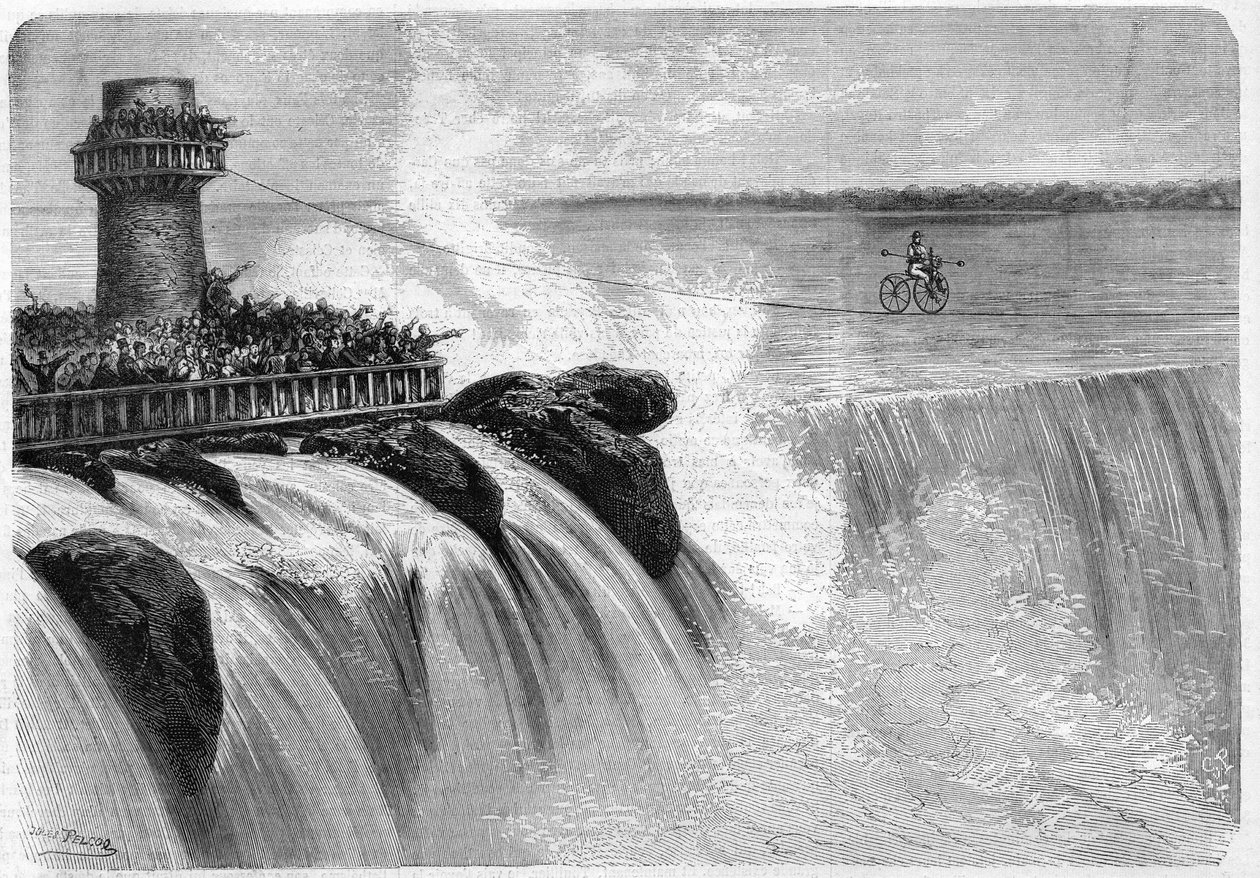 Amerikkalainen Jenkins ylitti Niagaran putouksen Velocipedellä vuonna 1869. tekijältä Unknown artist