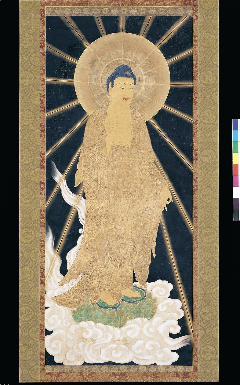 Amitabha (Amida) Triad Descending From Heaven (pigmentti konshilla (sininen riisipaperi)) tekijältä Unknown artist