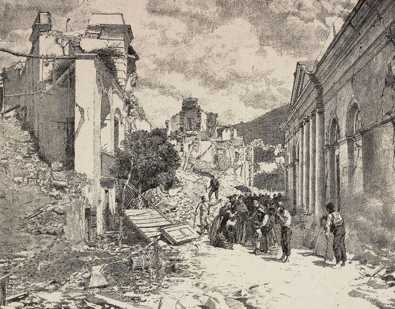 Maanjäristyksen jälkeisten raunioiden keskellä Balliazzin rantalomakohteessa Italiassa. tekijältä Unknown artist