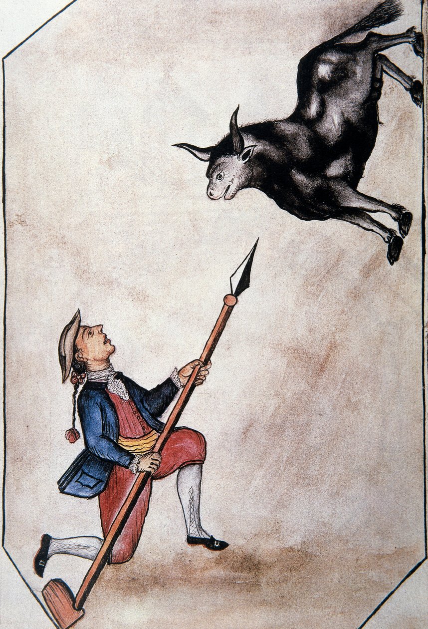 Intiaani, joka osoittaa keihästä härkää, kirjasta "Trujillo of Peru" tai "Codex Martinez Companion", kirjoittaneet Balthazar Martinez Companion ja Bujanda, Trujillon piispa (1782-1785) tekijältä Unknown artist