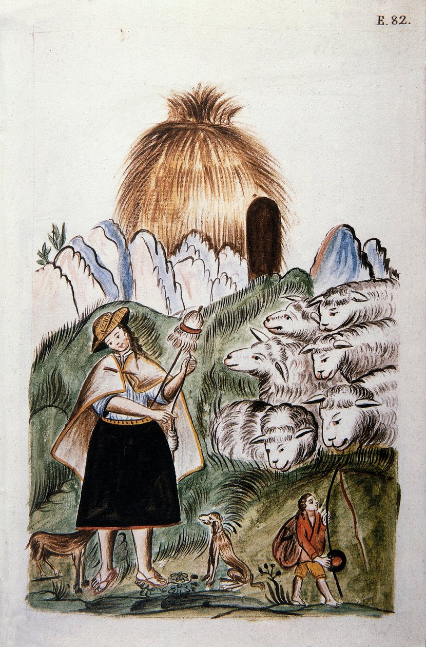 Intialainen paimentar lähellä mökkiään laumansa kanssa Baltazar Martinez Companionin ja Trujillon piispan (1782-1785) Bujandan kirjasta "Trujillo del Peru" tai "Codex Martinez Companion" tekijältä Unknown artist
