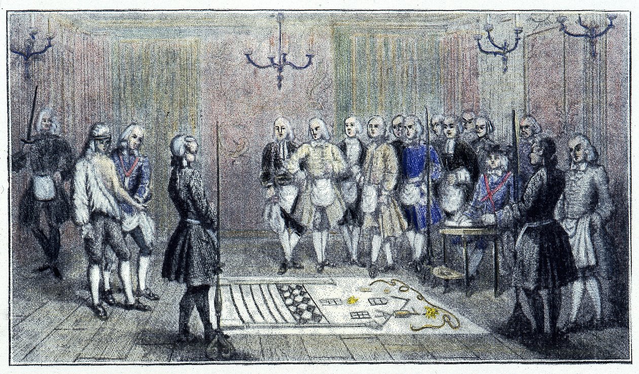 Oppipoikamaja Pariisissa, noin 1740: tämä kohtaus kuvaa "oppipoika" vapaamuurarin vastaanottoa (lattialla maalaus oppipoikamajasta) - aikakauden kaiverruksen mukaan. tekijältä Unknown artist
