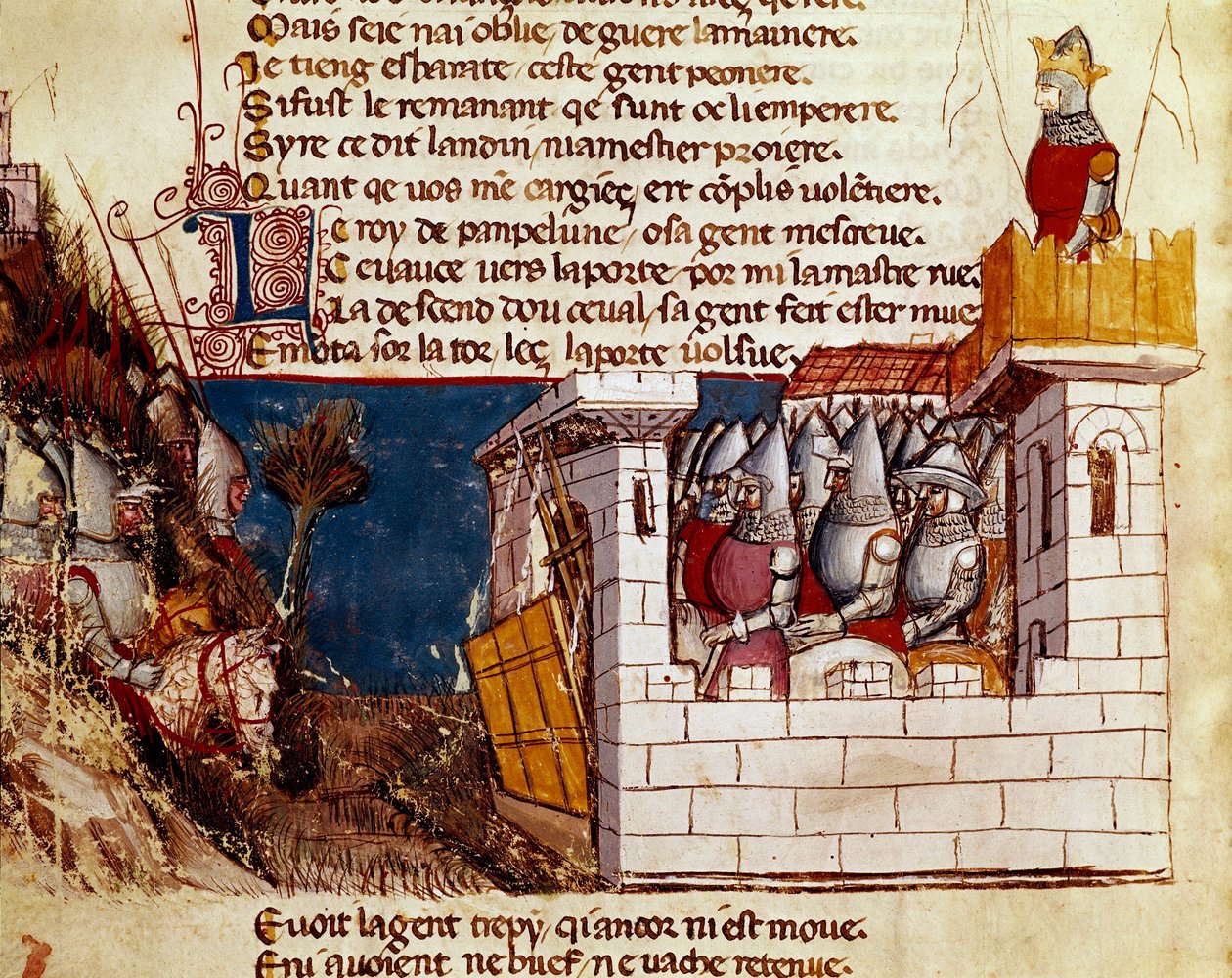 Armeija (Pamplonan kuninkaalta?) turvautuu linnaan ja kiipeää Miniature Levis -sillalle "" Entrree of Spainista"". 1300-luvun Venetsia, Biblioteca Marciana. tekijältä Unknown artist
